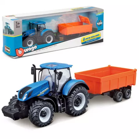 Tractor de juguete New Holland T7.315 HD a escala 1:43 con remolque basculante funcional.