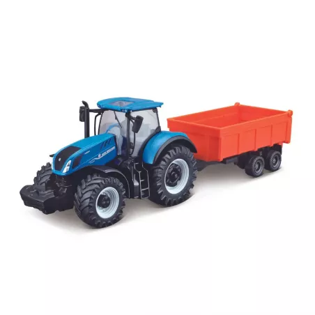 Tractor de juguete New Holland T7.315 HD a escala 1:43 con remolque basculante funcional.