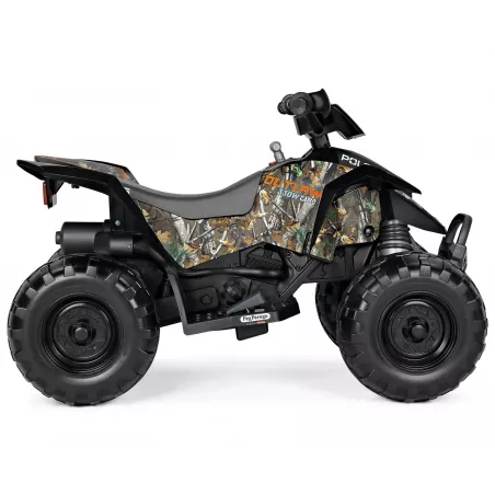 Quad eléctrico infantil Polaris Outlaw 330W con diseño de camuflaje y batería de 12V.