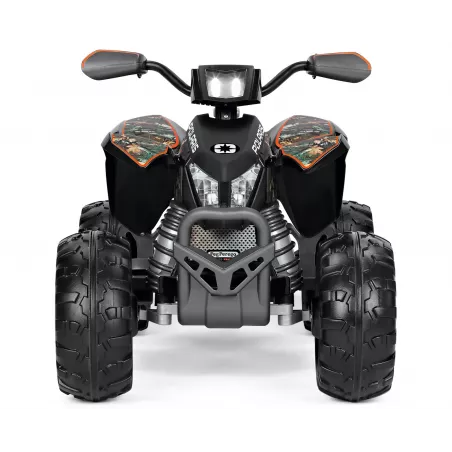 Quad eléctrico infantil Polaris Outlaw 330W con diseño de camuflaje y batería de 12V.