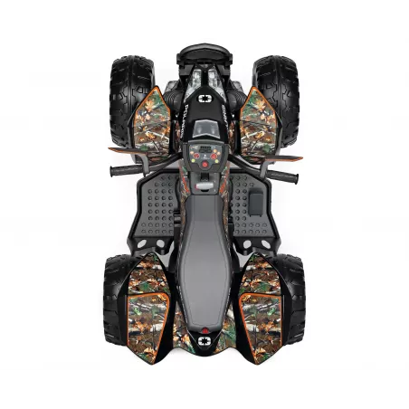 Quad eléctrico infantil Polaris Outlaw 330W con diseño de camuflaje y batería de 12V.