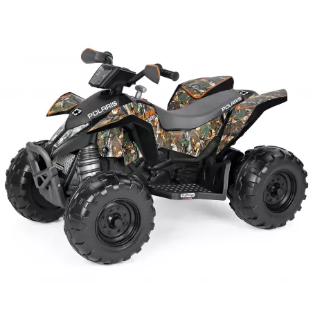 Quad eléctrico infantil Polaris Outlaw 330W con diseño de camuflaje y batería de 12V.