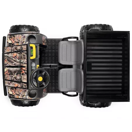 Tractor eléctrico infantil John Deere Gator HPX Camo de dos plazas con caja de carga para niños de 3 años.