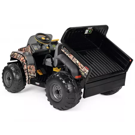 Tractor eléctrico infantil John Deere Gator HPX Camo de dos plazas con caja de carga para niños de 3 años.