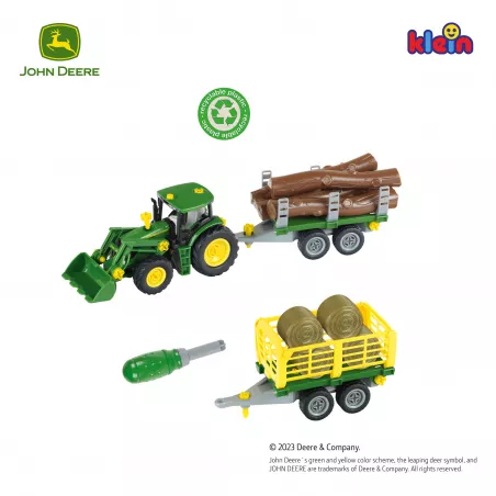 Tractor de juguete John Deere escala 1:24 desmontable con carro de leña y heno