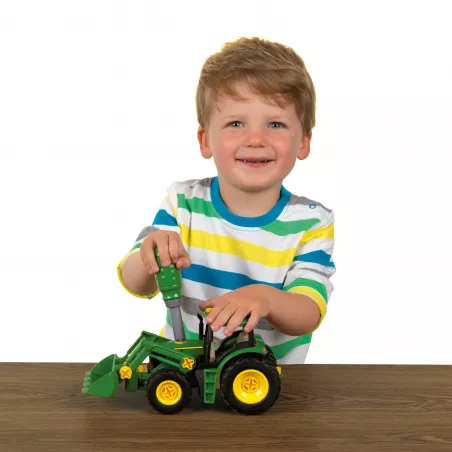 Tractor de juguete John Deere a escala 1:24 con transportador y destornillador de montaje para niños.