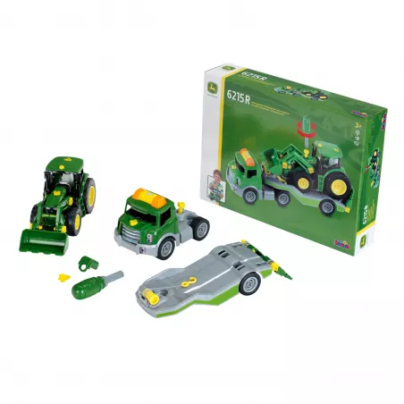 Tractor de juguete John Deere a escala 1:24 con transportador y destornillador de montaje para niños.
