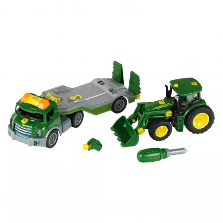 Tractor de juguete John Deere a escala 1:24 con transportador y destornillador de montaje para niños.