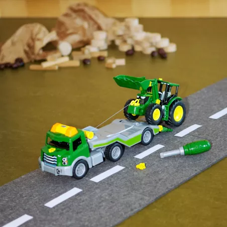 Tractor de juguete John Deere a escala 1:24 con transportador y destornillador de montaje para niños.