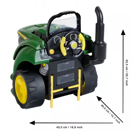 Motor de tractor de juguete John Deere de Klein con piezas desmontables y herramientas.