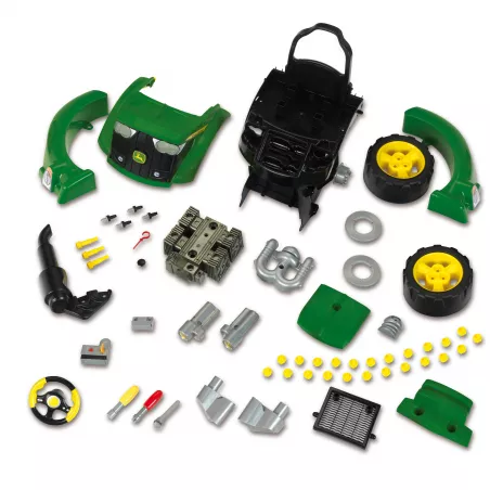 Motor de tractor de juguete John Deere de Klein con piezas desmontables y herramientas.