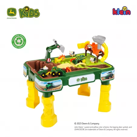 Mesa de juego de arena y agua John Deere Granja con juguetes de tractor y cosechadora para niños.
