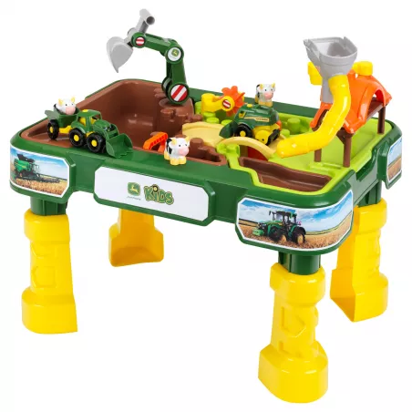 Mesa de juego de arena y agua John Deere Granja con juguetes de tractor y cosechadora para niños.