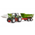 Tractor de juguete Roadmax de Bruder con cargador frontal y remolque basculante.