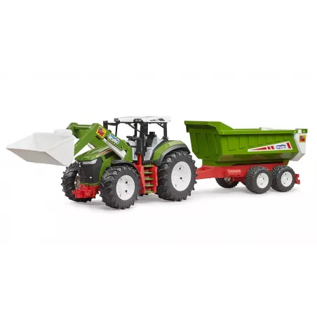 Tractor de juguete Roadmax de Bruder con cargador frontal y remolque basculante.