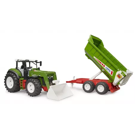 Tractor de juguete Roadmax de Bruder con cargador frontal y remolque basculante.