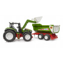 Tractor de juguete Roadmax de Bruder con cargador frontal y remolque basculante.