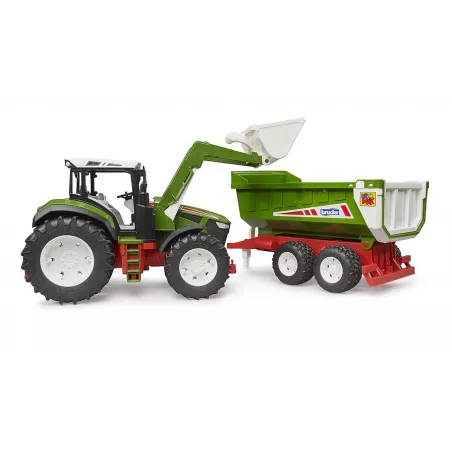 Tractor de juguete Roadmax de Bruder con cargador frontal y remolque basculante.