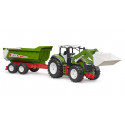 Tractor de juguete Roadmax de Bruder con cargador frontal y remolque basculante.