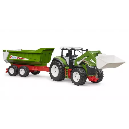 Tractor de juguete Roadmax de Bruder con cargador frontal y remolque basculante.