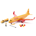 Avión de carga amarillo de DHL de juguete marca Siku con accesorios de logística en miniatura.
