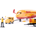 Avión de carga amarillo de DHL de juguete marca Siku con accesorios de logística en miniatura.