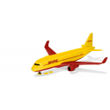 Avión de carga amarillo de DHL de juguete marca Siku con accesorios de logística en miniatura.