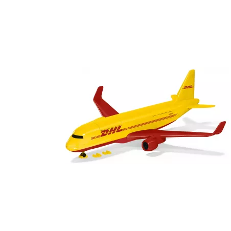 Avión de carga amarillo de DHL de juguete marca Siku con accesorios de logística en miniatura.