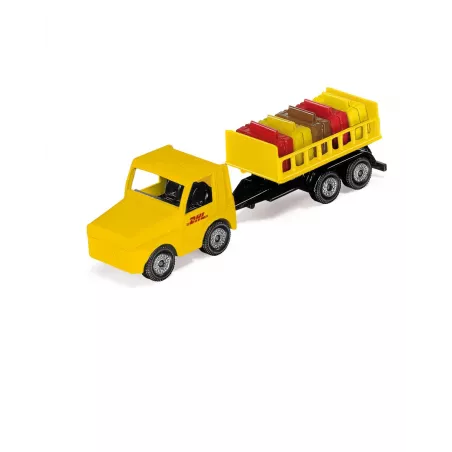 Avión de carga amarillo de DHL de juguete marca Siku con accesorios de logística en miniatura.