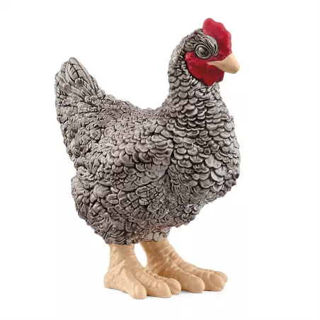 Figura de juguete de gallina Plymouth Rock de Schleich pintada a mano para juego educativo infantil.