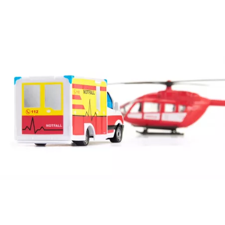 Set de rescate Siku con ambulancia de juguete Mercedes-Benz y helicóptero de emergencias.