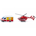 Set de rescate Siku con ambulancia de juguete Mercedes-Benz y helicóptero de emergencias.