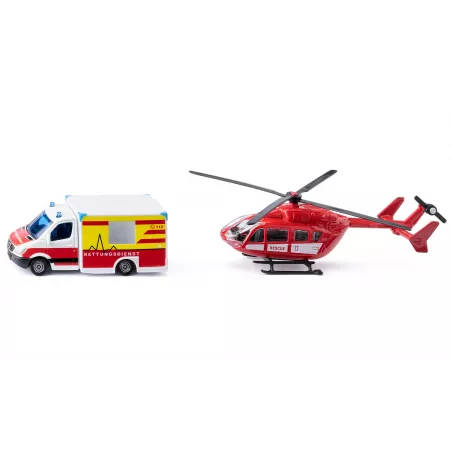 Set de rescate Siku con ambulancia de juguete Mercedes-Benz y helicóptero de emergencias.