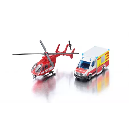 Set de rescate Siku con ambulancia de juguete Mercedes-Benz y helicóptero de emergencias.