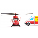 Set de rescate Siku con ambulancia de juguete Mercedes-Benz y helicóptero de emergencias.