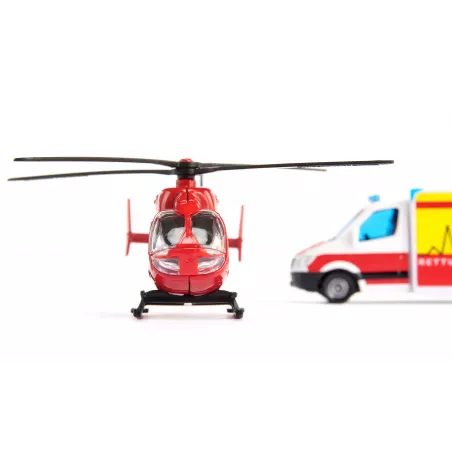 Set de rescate Siku con ambulancia de juguete Mercedes-Benz y helicóptero de emergencias.