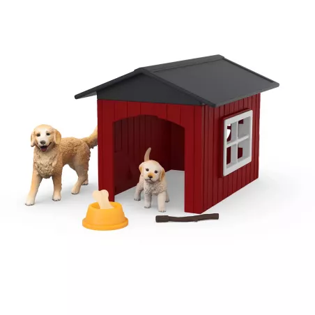 Caseta de juguete de madera Schleich con figuras de perros Golden Retriever y accesorios de juego.