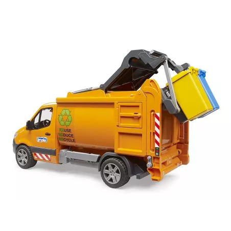 Camión de basura de juguete MB Sprinter de Bruder a escala 1:16 con contenedor basculante funcional