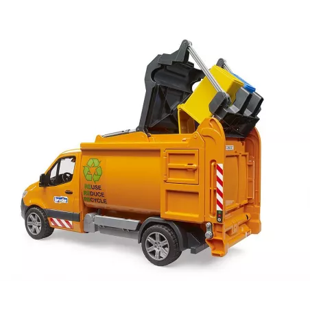 Camión de basura de juguete MB Sprinter de Bruder a escala 1:16 con contenedor basculante funcional
