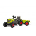 Tractor de pedales CLAAS Axos 240 para niños con cargador frontal y capó abatible.
