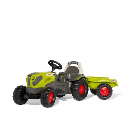 Tractor de pedales CLAAS Axos 240 para niños con cargador frontal y capó abatible.