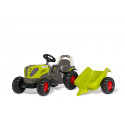 Tractor de pedales CLAAS Axos 240 para niños con cargador frontal y capó abatible.