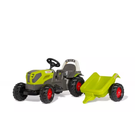 Tractor de pedales CLAAS Axos 240 para niños con cargador frontal y capó abatible.