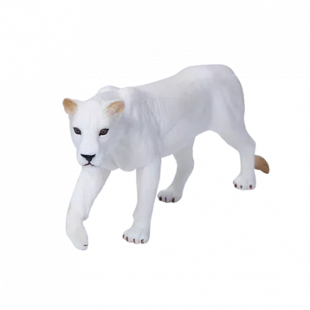 Figura realista de leona blanca Mojo pintada a mano para juego educativo y coleccionistas.