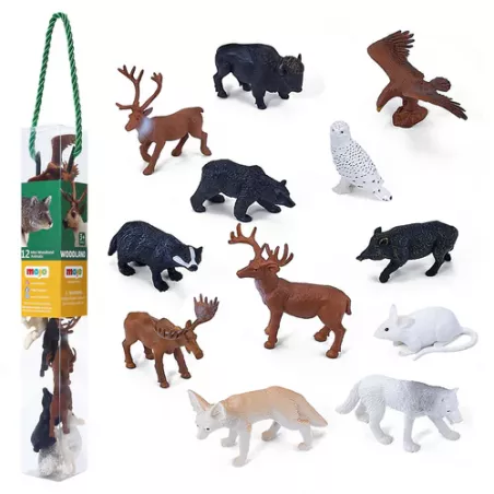 Set de 12 figuras realistas de animales del bosque para juego de mini mundos y educación infantil.