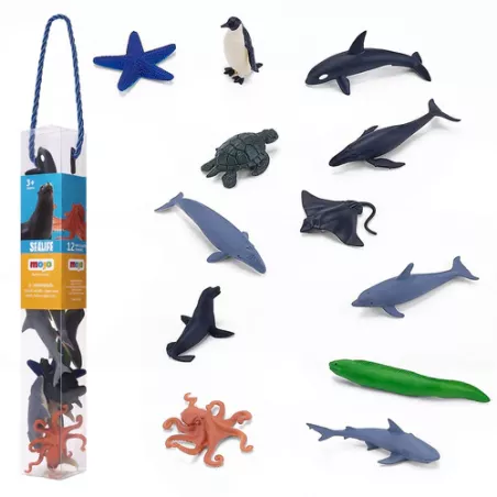 Set de 12 figuras realistas de vida marina para juego educativo infantil y proyectos de mini mundos acuáticos.