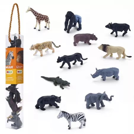 Minijuego de vida salvaje africana con figuras realistas de animales de la sabana pintadas a mano.