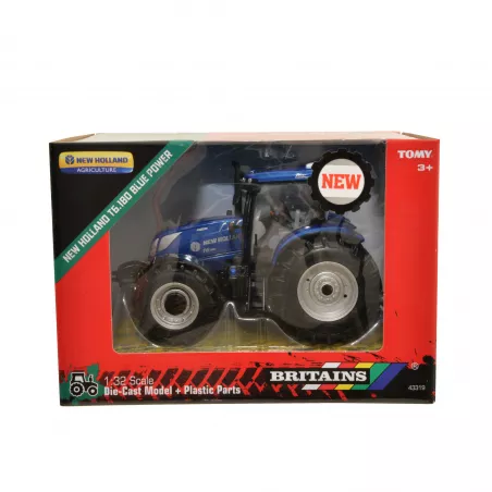 Tractor a escala 1:32 New Holland T6.180 Blue Power de Britains con acabado metalizado para coleccionistas.