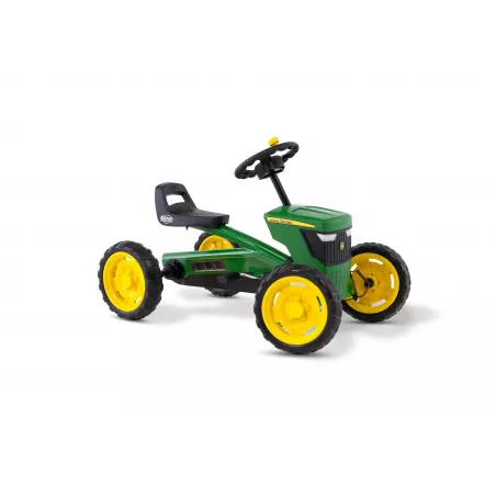 Coche de pedales BERG Buzzy John Deere con diseño de tractor infantil de cuatro ruedas.