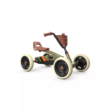 Kart de pedales infantil BERG Buzzy Retro 2 en 1 verde con asiento ajustable y cuatro ruedas estables.